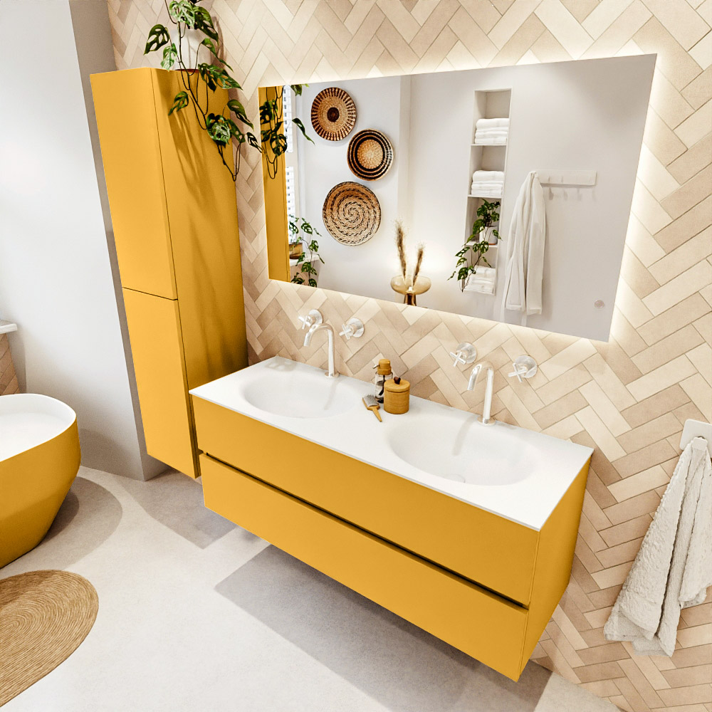 MONDIAZ VICA 130cm mueble de baño Ocher 2 cajones. Lavabo MOON Doble 2 orificios, color Talc. 1 MONDIAZ VICA 130cm mueble de baño Ocher 2 cajones. Lavabo MOON Doble 2 orificios