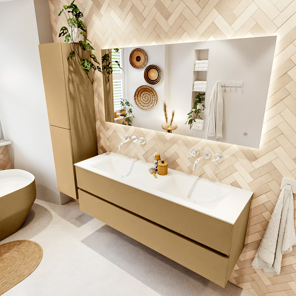 MONDIAZ VICA 150cm mueble de baño Oro 2 cajones. Lavabo CLOUD Doble sin orificio, color Talc. 1 MONDIAZ VICA 150cm mueble de baño Oro 2 cajones. Lavabo CLOUD Doble sin orificio