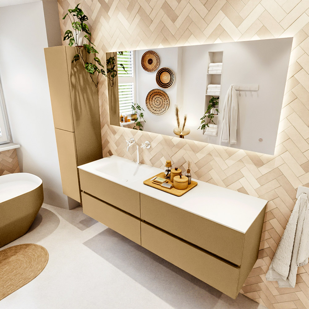 MONDIAZ VICA 160cm mueble de baño Oro 4 cajones. Lavabo CLOUD Izquierda 1 orificio, color Talc. 1 MONDIAZ VICA 160cm mueble de baño Oro 4 cajones. Lavabo CLOUD Izquierda 1 orificio