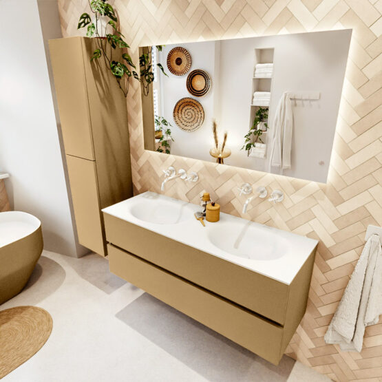 MONDIAZ VICA 130cm mueble de baño Oro 2 cajones. Lavabo MOON Doble sin orificio