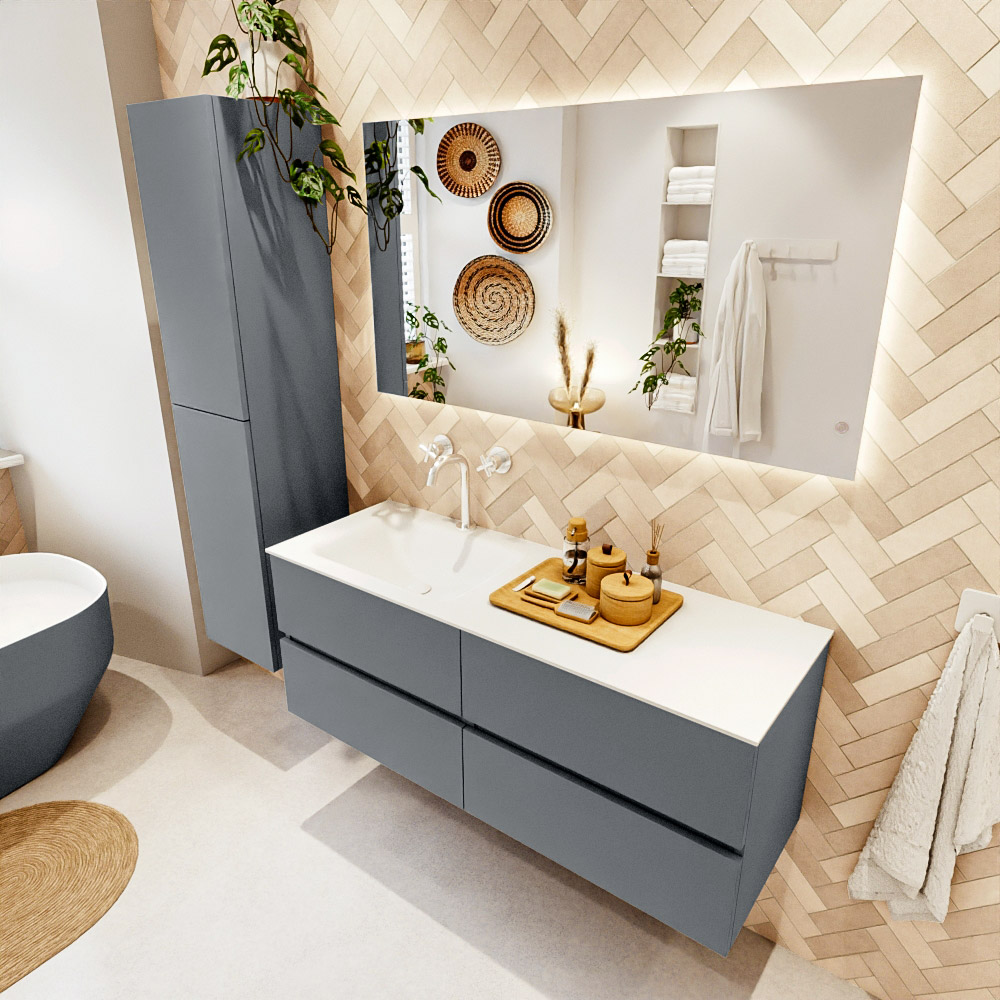 MONDIAZ VICA 130cm mueble de baño Plata 4 cajones. Lavabo CLOUD Izquierda 1 orificio, color Talc. 1 MONDIAZ VICA 130cm mueble de baño Plata 4 cajones. Lavabo CLOUD Izquierda 1 orificio