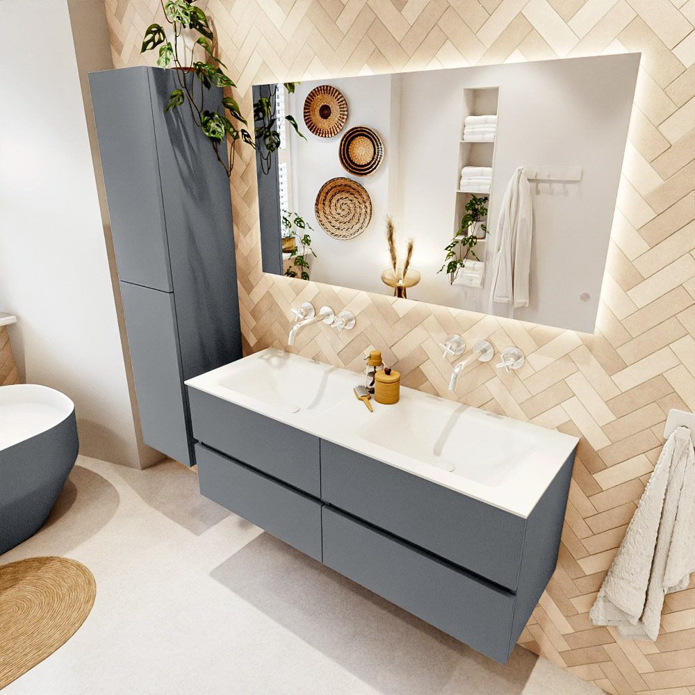 MONDIAZ VICA 130cm mueble de baño Plata 4 cajones. Lavabo CLOUD Doble sin orificio, color Talc. 1 MONDIAZ VICA 130cm mueble de baño Plata 4 cajones. Lavabo CLOUD Doble sin orificio