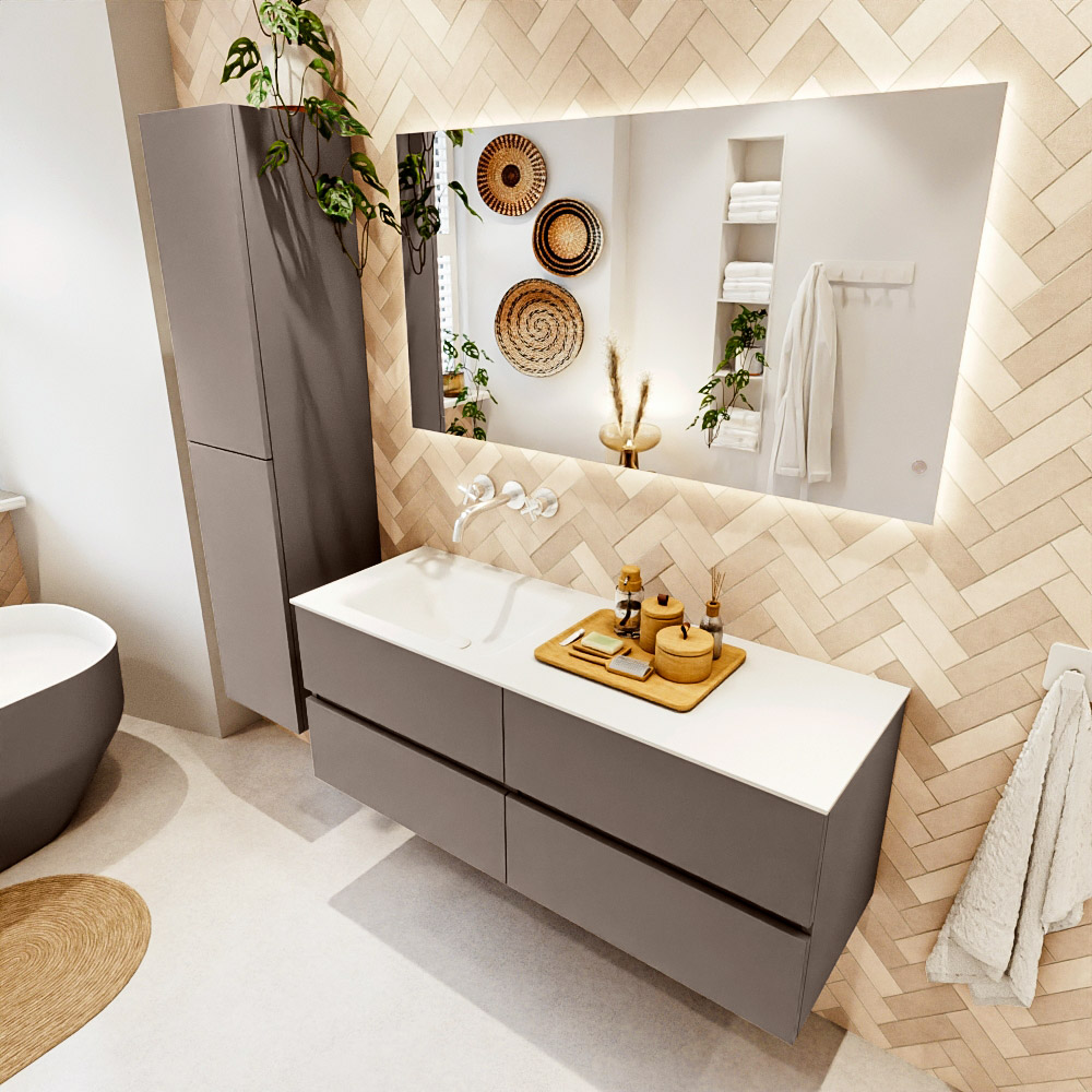 MONDIAZ VICA 130cm mueble de baño Smoke 4 cajones. Lavabo CLOUD Izquierda sin orificio, color Talc. 1 MONDIAZ VICA 130cm mueble de baño Smoke 4 cajones. Lavabo CLOUD Izquierda sin orificio