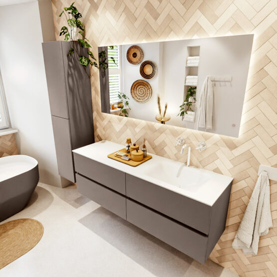 MONDIAZ VICA 150cm mueble de baño Smoke 4 cajones. Lavabo CLOUD Derecho 1 orificio