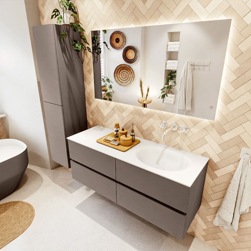 MONDIAZ VICA 130cm mueble de baño Smoke 4 cajones. Lavabo MOON Derecho sin orificio, color Talc. 1 MONDIAZ VICA 130cm mueble de baño Smoke 4 cajones. Lavabo MOON Derecho sin orificio