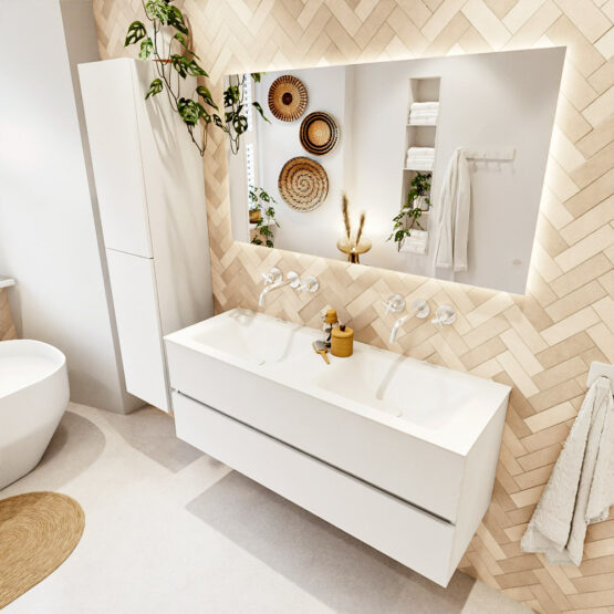 MONDIAZ VICA 130cm mueble de baño Talc 2 cajones. Lavabo CLOUD Doble sin orificio