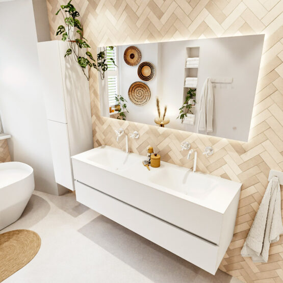 MONDIAZ VICA 150cm mueble de baño Talc 2 cajones. Lavabo CLOUD Doble 2 orificios