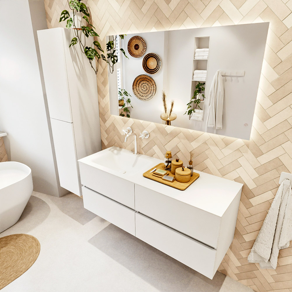 MONDIAZ VICA 130cm mueble de baño Talc 4 cajones. Lavabo CLOUD Izquierda 1 orificio, color Talc. 1 MONDIAZ VICA 130cm mueble de baño Talc 4 cajones. Lavabo CLOUD Izquierda 1 orificio