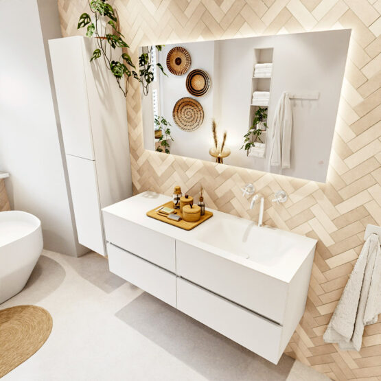 MONDIAZ VICA 130cm mueble de baño Talc 4 cajones. Lavabo CLOUD Derecho 1 orificio