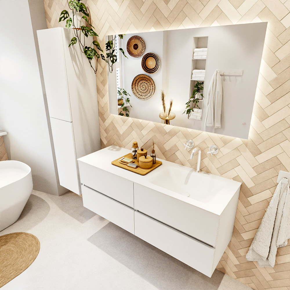 MONDIAZ VICA 130cm mueble de baño Talc 4 cajones. Lavabo CLOUD Derecho 1 orificio, color Talc. 1 MONDIAZ VICA 130cm mueble de baño Talc 4 cajones. Lavabo CLOUD Derecho 1 orificio