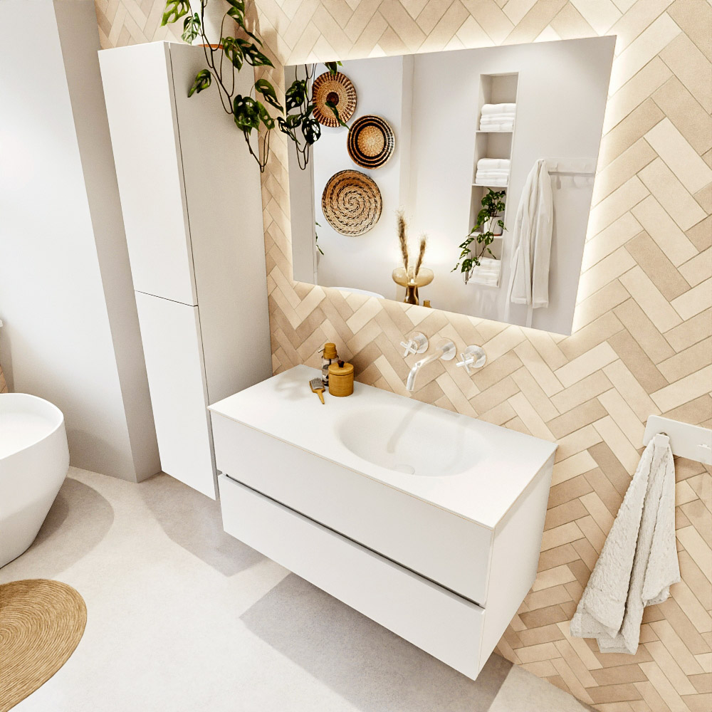 MONDIAZ VICA 100cm mueble de baño Talc 2 cajones. Lavabo MOON Derecho sin orificio, color Talc. 1 MONDIAZ VICA 100cm mueble de baño Talc 2 cajones. Lavabo MOON Derecho sin orificio