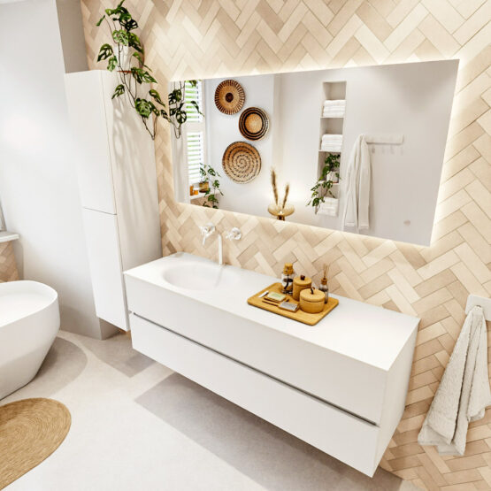 MONDIAZ VICA 150cm mueble de baño Talc 2 cajones. Lavabo MOON Izquierda 1 orificio