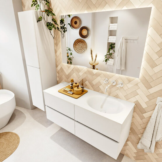 MONDIAZ VICA 120cm mueble de baño Talc 4 cajones. Lavabo MOON Derecho sin orificio