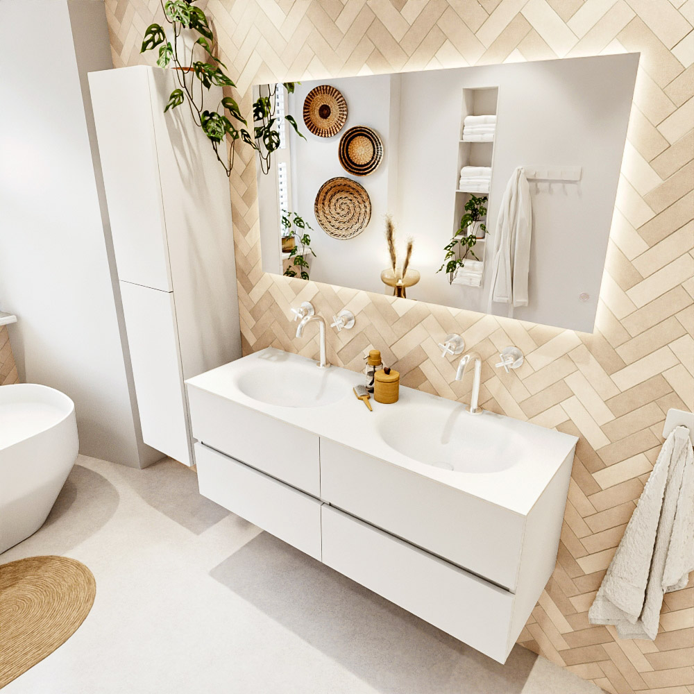 MONDIAZ VICA 130cm mueble de baño Talc 4 cajones. Lavabo MOON Doble 2 orificios, color Talc. 1 MONDIAZ VICA 130cm mueble de baño Talc 4 cajones. Lavabo MOON Doble 2 orificios