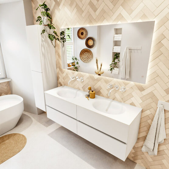 MONDIAZ VICA 150cm mueble de baño Talc 4 cajones. Lavabo MOON Doble sin orificio
