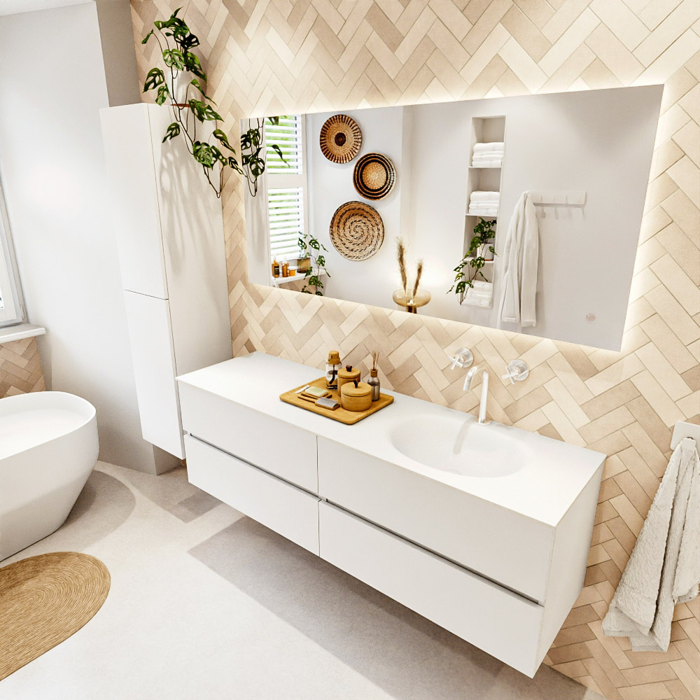 MONDIAZ VICA 160cm mueble de baño Talc 4 cajones. Lavabo MOON Derecho 1 orificio, color Talc. 1 MONDIAZ VICA 160cm mueble de baño Talc 4 cajones. Lavabo MOON Derecho 1 orificio