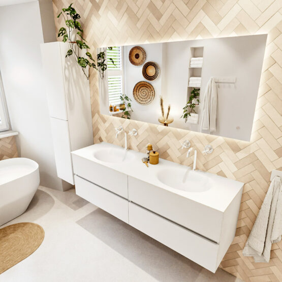 MONDIAZ VICA 160cm mueble de baño Talc 4 cajones. Lavabo MOON Doble 2 orificios