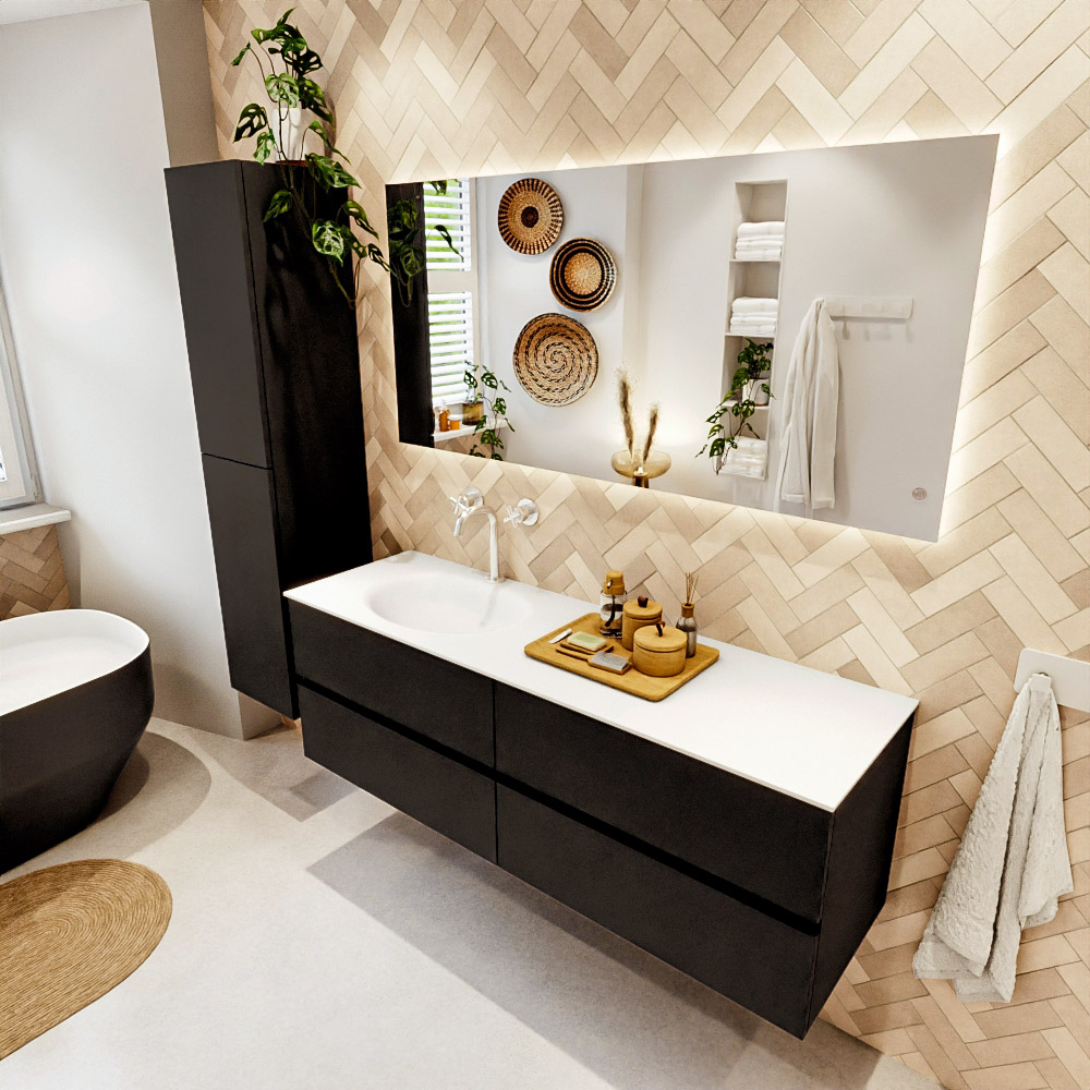 MONDIAZ VICA 150cm mueble de baño Urban 4 cajones. Lavabo MOON Izquierda 1 orificio, color Talc. 1 MONDIAZ VICA 150cm mueble de baño Urban 4 cajones. Lavabo MOON Izquierda 1 orificio