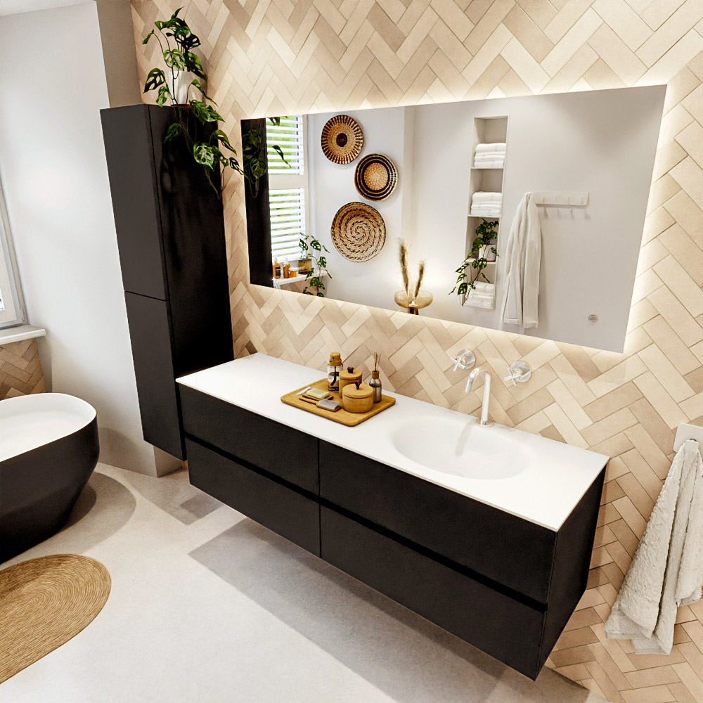 MONDIAZ VICA 160cm mueble de baño Urban 4 cajones. Lavabo MOON Derecho 1 orificio, color Talc. 1 MONDIAZ VICA 160cm mueble de baño Urban 4 cajones. Lavabo MOON Derecho 1 orificio