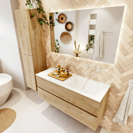 MONDIAZ VICA 120cm mueble de baño Washed Oak 2 cajones. Lavabo CLOUD Derecho sin orificio
