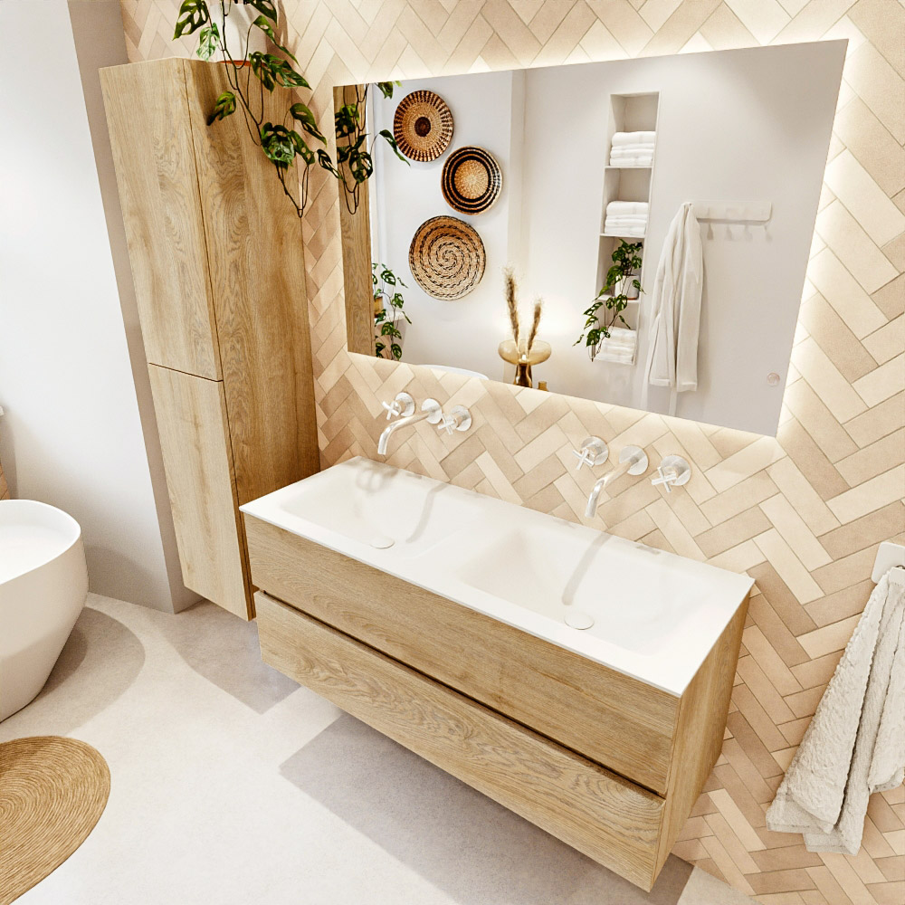 MONDIAZ VICA 120cm mueble de baño Washed Oak 2 cajones. Lavabo CLOUD Doble sin orificio, color Talc. 1 MONDIAZ VICA 120cm mueble de baño Washed Oak 2 cajones. Lavabo CLOUD Doble sin orificio