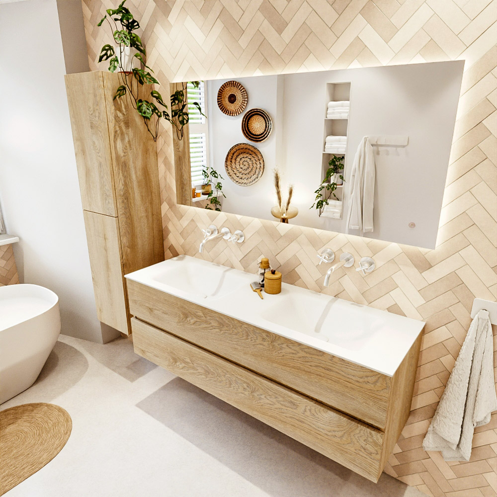 MONDIAZ VICA 150cm mueble de baño Washed Oak 2 cajones. Lavabo CLOUD Doble sin orificio, color Talc. 1 MONDIAZ VICA 150cm mueble de baño Washed Oak 2 cajones. Lavabo CLOUD Doble sin orificio