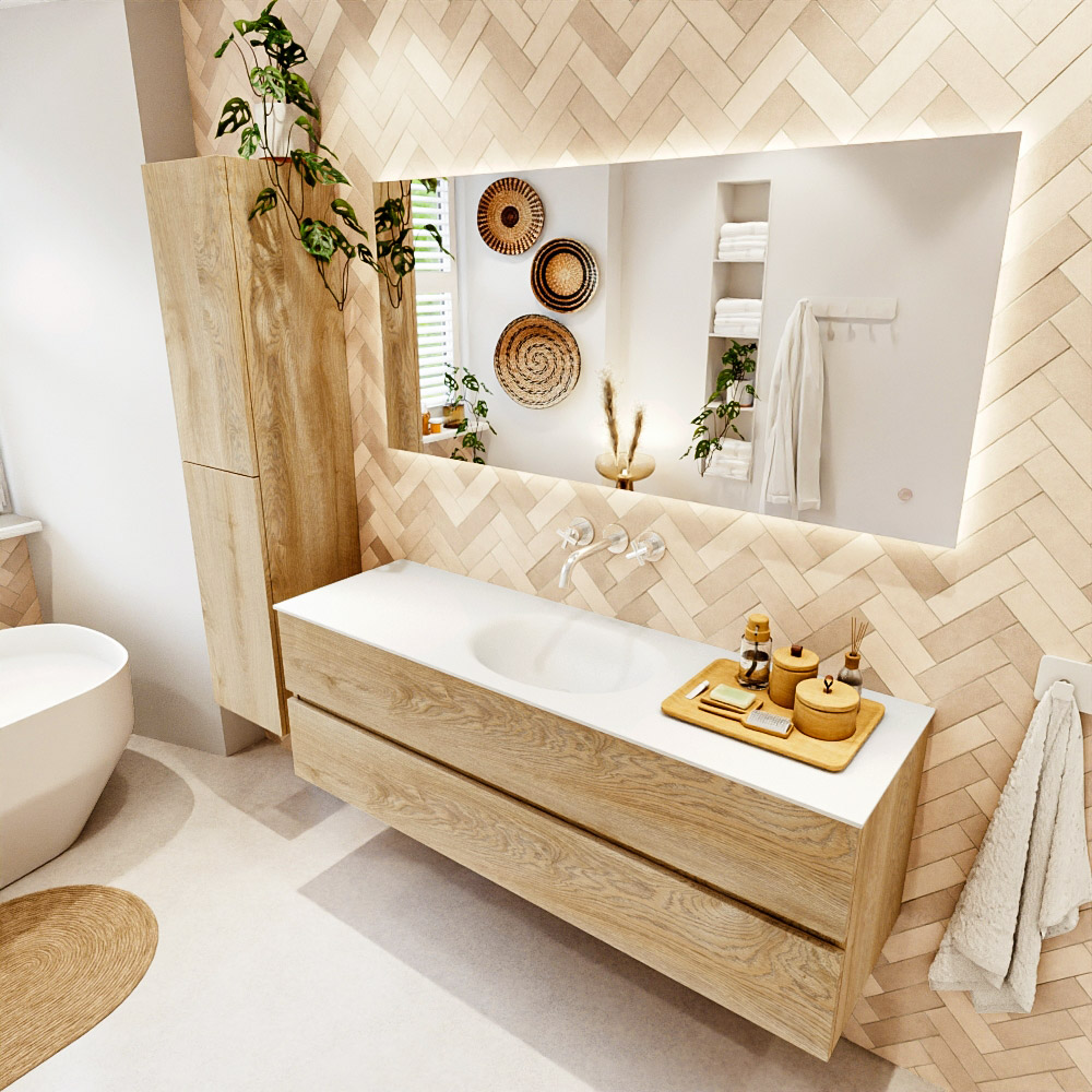 MONDIAZ VICA 150cm mueble de baño Washed Oak 2 cajones. Lavabo MOON Centro sin orificio, color Talc. 1 MONDIAZ VICA 150cm mueble de baño Washed Oak 2 cajones. Lavabo MOON Centro sin orificio