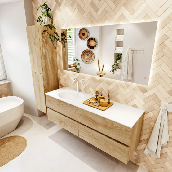 MONDIAZ VICA 150cm mueble de baño Washed Oak 4 cajones. Lavabo MOON Izquierda 1 orificio