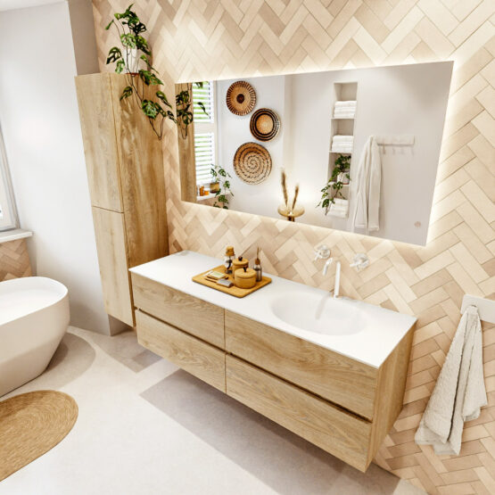 MONDIAZ VICA 150cm mueble de baño Washed Oak 4 cajones. Lavabo MOON Derecho 1 orificio