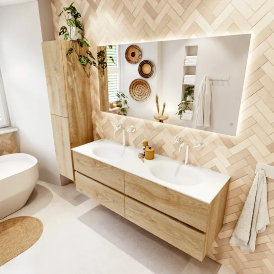 MONDIAZ VICA 150cm mueble de baño Washed Oak 4 cajones. Lavabo MOON Doble 2 orificios