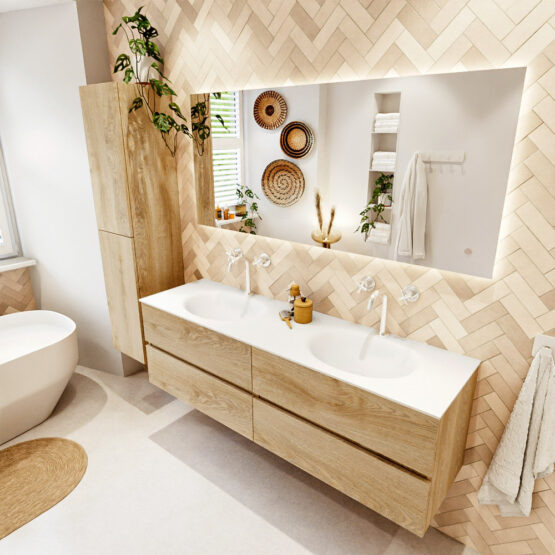 MONDIAZ VICA 160cm mueble de baño Washed Oak 4 cajones. Lavabo MOON Doble 2 orificios
