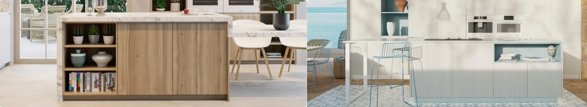 Cocinas pequeñas con desayunador 10 Islas de cocina modernas, una en madera con estanterías integradas y otra de estilo mediterráneo en tonos blancos y azules.