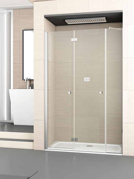 Mampara de ducha plegable Palau 2P + F, con puerta de dos hojas y un cristal fijo