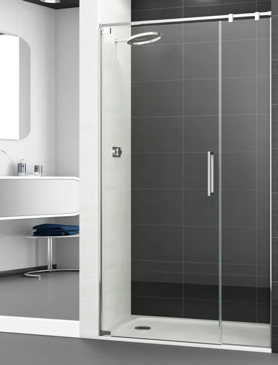 Mampara de ducha Polary 1P + F puerta/fijo lacado negro 120 (70+50) x 195 cms cristal transparente