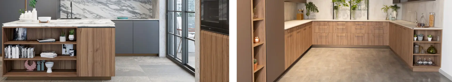 Cocinas pequeñas con desayunador 8 Cocinas modernas de diseño, combinación de muebles en madera, encimeras de mármol y detalles decorativos.
