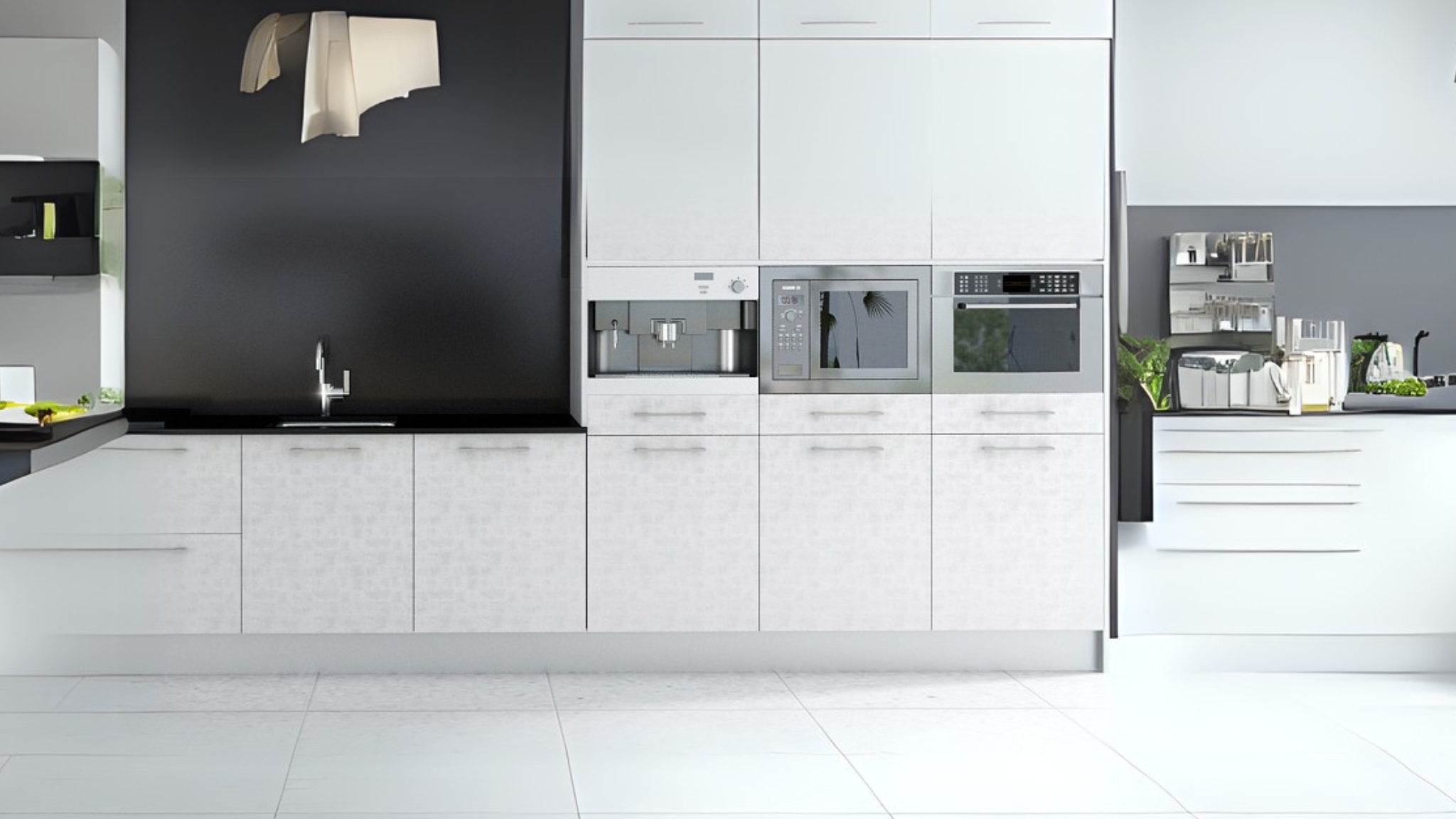 Mueble de cocina blanco con electrodomésticos integrados y encimera negra