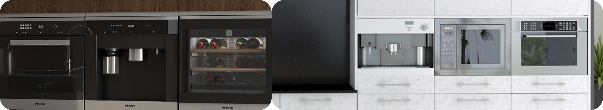 Electrodomésticos integrados en muebles de cocina con acabados en madera y blanco minimalista