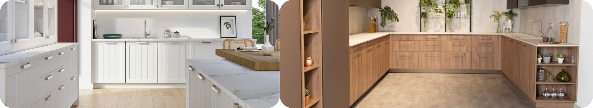 Muebles de cocina pequeña en blanco clásico y madera moderna con diseño funcional