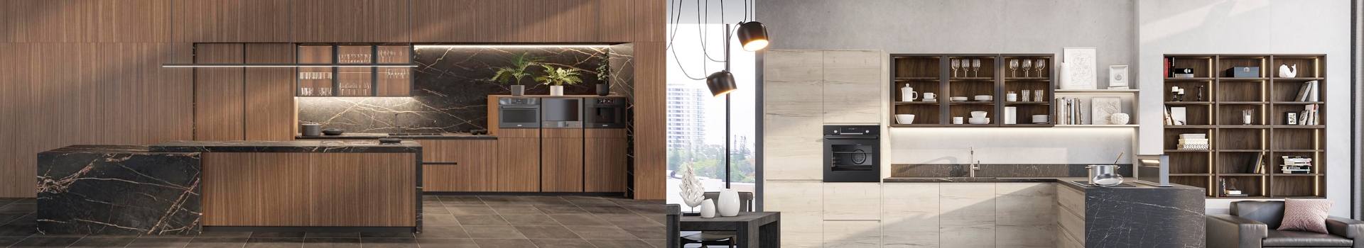 Dos diseños de vitrinas modernas para cocinas con acabados en madera y mármol