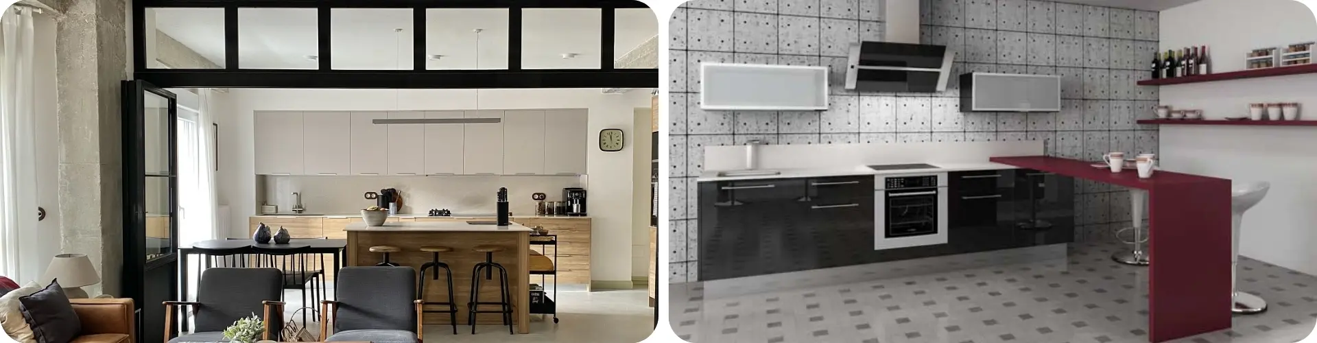 Cocinas pequeñas con desayunador 6 Dos cocinas modernas: una con estilo cálido y mobiliario en madera clara y otra contemporánea con muebles negros y barra roja. Ambas cocinas pequeñas con desayunador