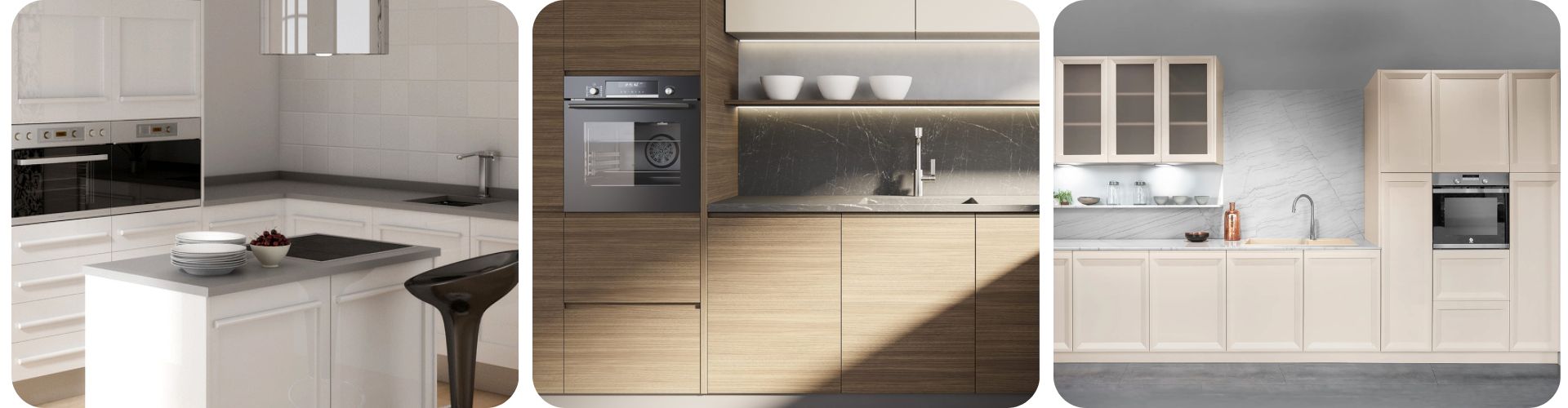 Tres diseños de cocinas modernas: blanco minimalista con isla, madera cálida con mármol oscuro y cocina clásica en tonos claros combinado con mueble alto microondas.