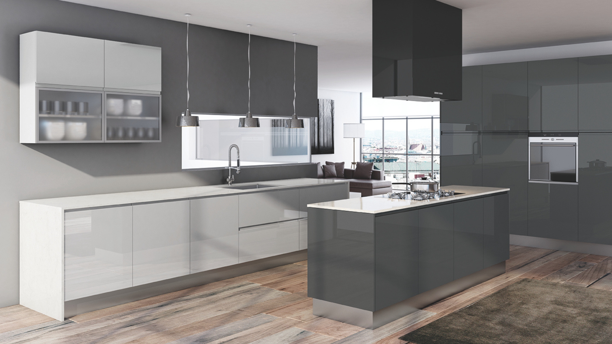 Cocina moderna con isla central, muebles de acabado brillante en tonos grises, encimera blanca y electrodomésticos integrados con un mueble para encimera a gas.