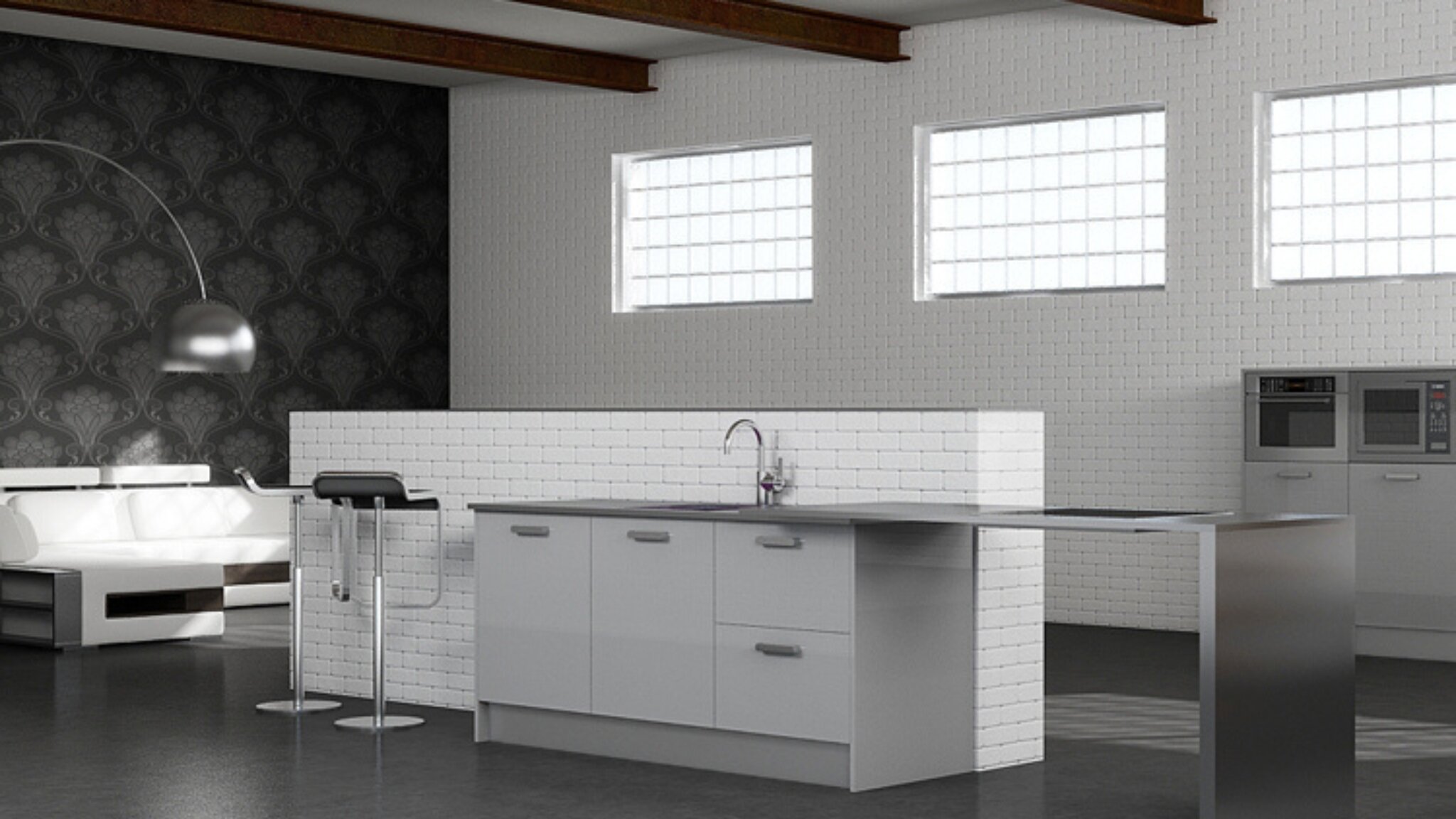 Mueble para microondas colgante 1 Cocina moderna con isla central gris, encimera de acero inoxidable y taburetes metálicos en espacio abierto con paredes de ladrillo blanco combinado con mueble para microondas colgante.