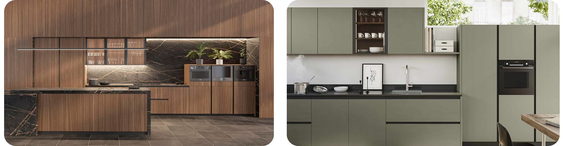 Dos diseños de cocinas modernas: una en madera con mármol negro y otra con muebles verdes minimalistas y encimera oscura. Combinados con un mueble para microondas