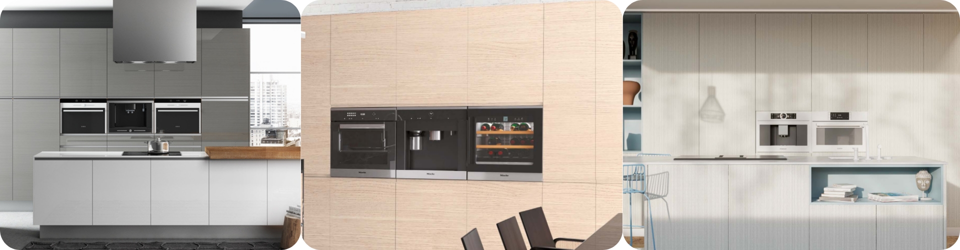 Electrodomésticos integrados en muebles de cocina con acabados en gris, madera clara y blanco minimalista