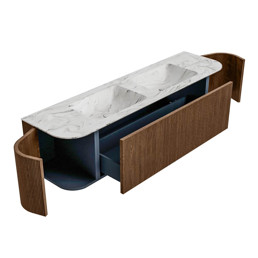 MONDIAZ KURVE-DLUX 170cm mueble de baño curva Izquierda + Derecha color Walnut con 1 cajón y 2 puertas. Lavabo LEAF Doble 2 orificios Glace. 6 MONDIAZ KURVE-DLUX 170cm mueble de baño curva Izquierda + Derecha color Walnut con 1 cajón y 2 puertas. Lavabo LEAF Doble 2 orificios Glace. - Imagen 6