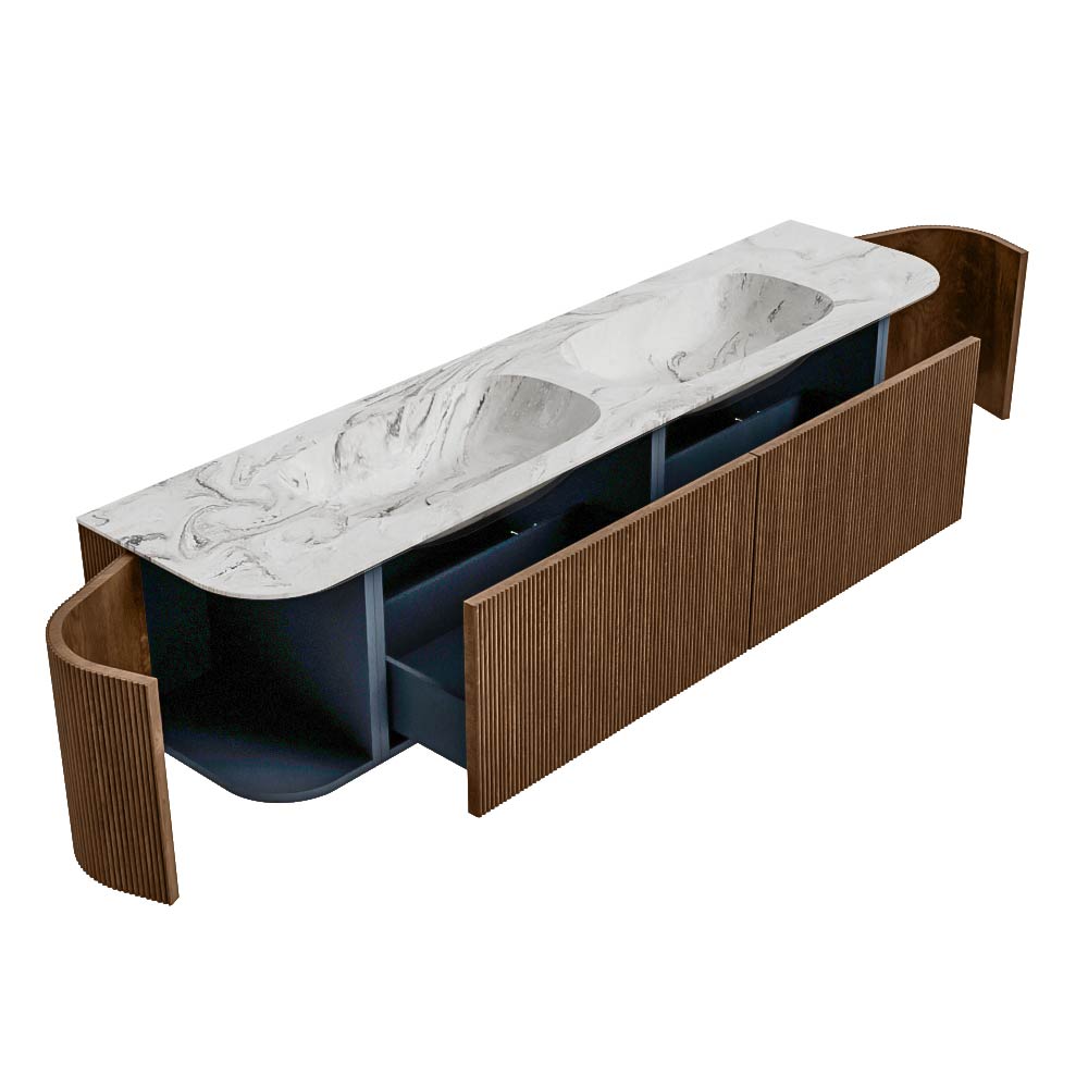 MONDIAZ KURVE-DLUX 190cm mueble de baño curva Izquierda + Derecha color Walnut con 2 cajones y 2 puertas. Lavabo STOR SMALL Doble sin orificio Glace. 6 MONDIAZ KURVE-DLUX 190cm mueble de baño curva Izquierda + Derecha color Walnut con 2 cajones y 2 puertas. Lavabo STOR SMALL Doble sin orificio Glace. - Imagen 6