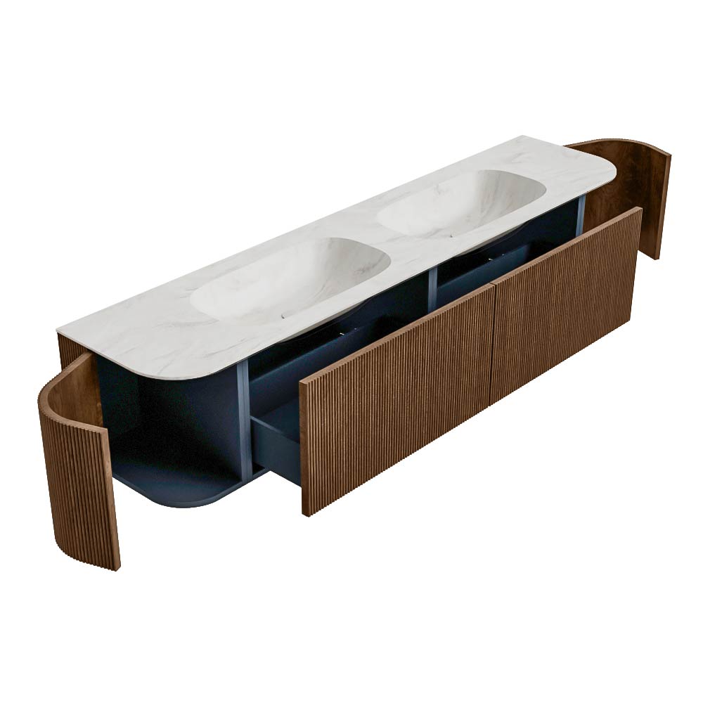 MONDIAZ KURVE-DLUX 200cm mueble de baño curva Izquierda + Derecha color Walnut con 2 cajones y 2 puertas. Lavabo STOR SMALL Doble sin orificio Ostra. 6 MONDIAZ KURVE-DLUX 200cm mueble de baño curva Izquierda + Derecha color Walnut con 2 cajones y 2 puertas. Lavabo STOR SMALL Doble sin orificio Ostra. - Imagen 6