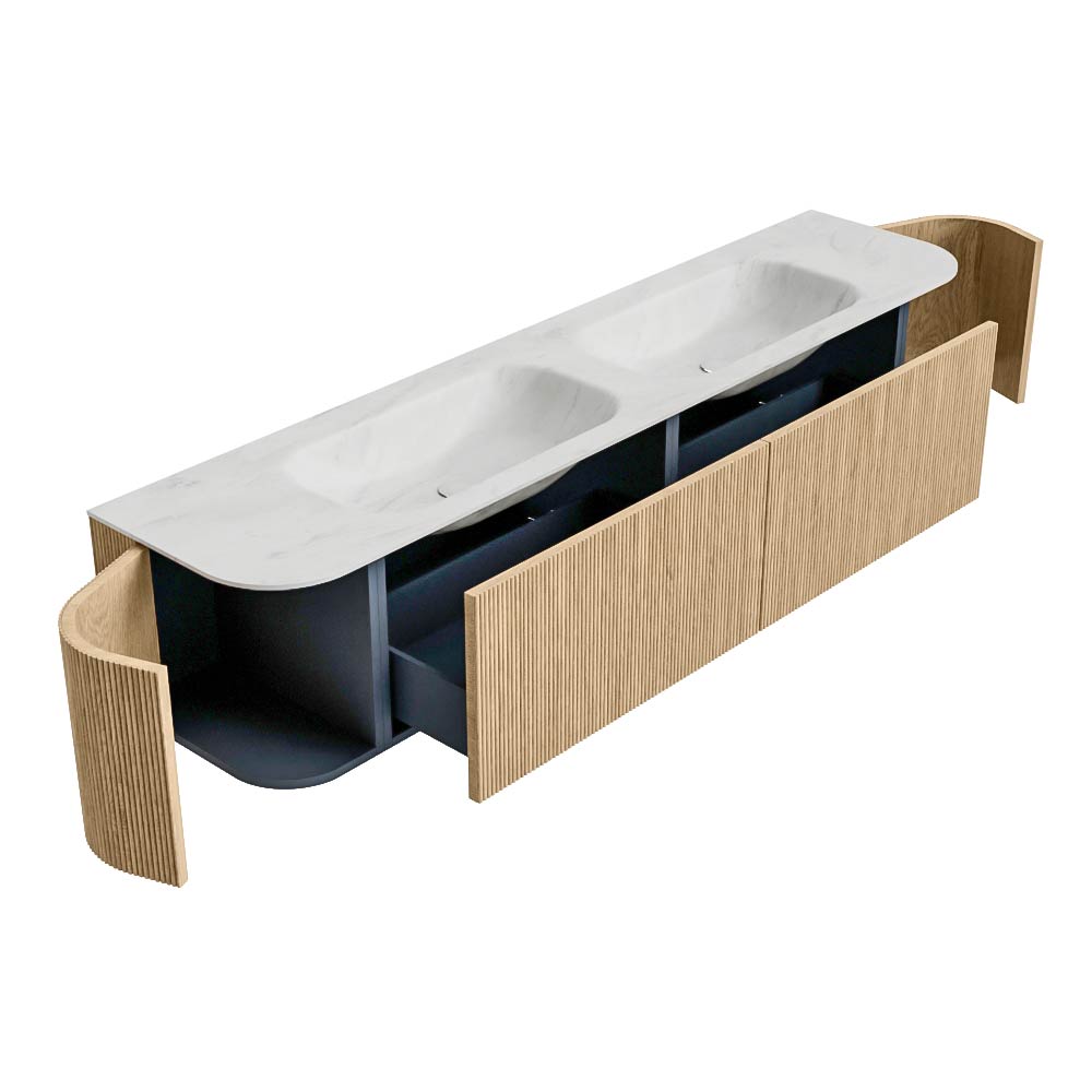 MONDIAZ KURVE-DLUX 200cm mueble de baño curva Izquierda + Derecha color Oak con 2 cajones y 2 puertas. Lavabo STOR SMALL Doble sin orificio Opalo. - Imagen 6