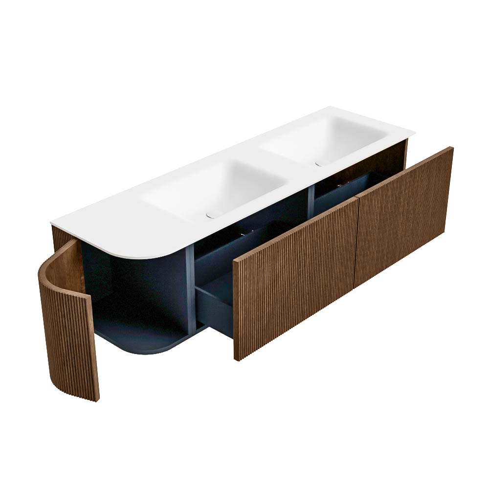 MONDIAZ KURVE 155cm mueble de baño curva Izquierda color Walnut con 2 cajones y 1 puerta. Lavabo CLOUD Doble / Derecho 2 orificios Talc. 6 MONDIAZ KURVE 155cm mueble de baño curva Izquierda color Walnut con 2 cajones y 1 puerta. Lavabo CLOUD Doble / Derecho 2 orificios Talc. - Imagen 6